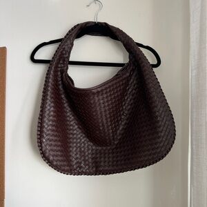 Woven Vegan Leather Hobo Shoulder Bag - Deep Brown